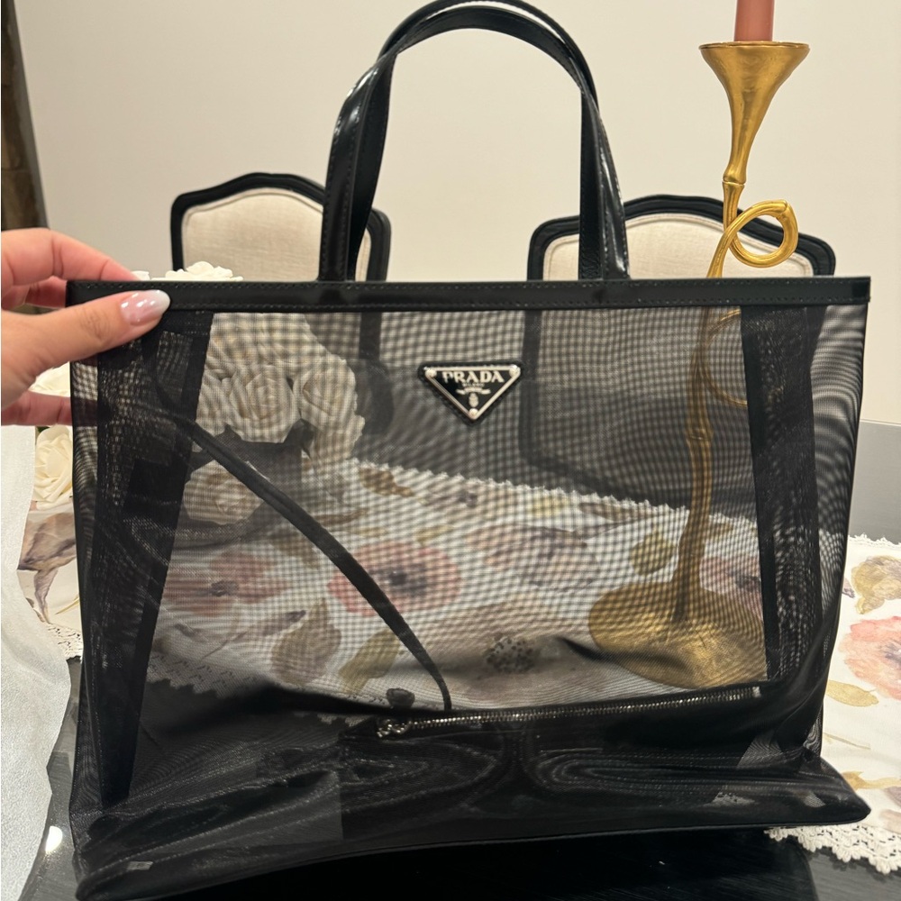 Prada mesh beach bag tote black